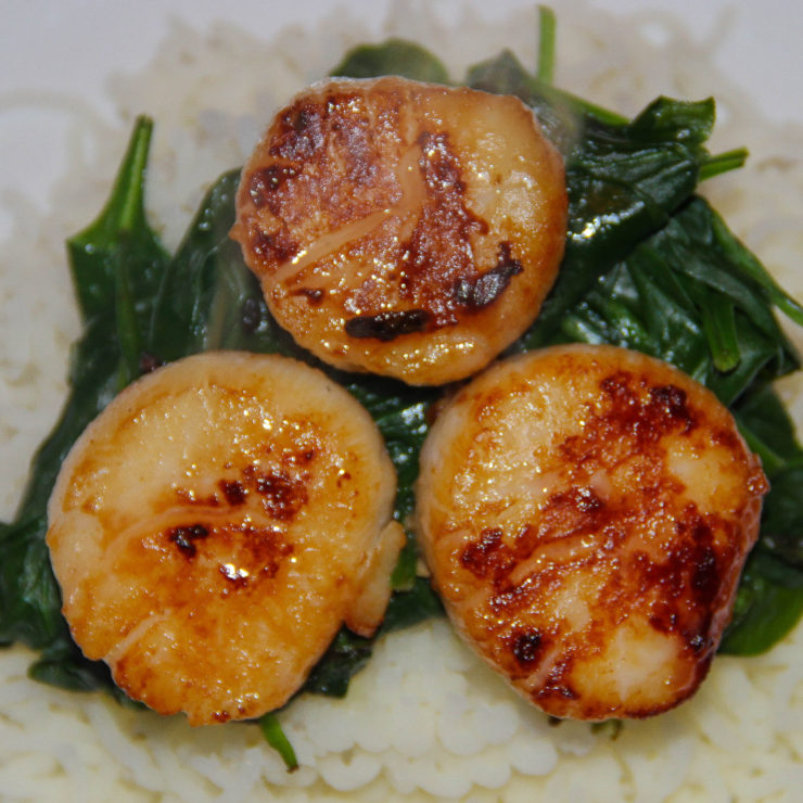 Garlic Grilled Scallops, Sauteed Spinach, Riced Potatoes