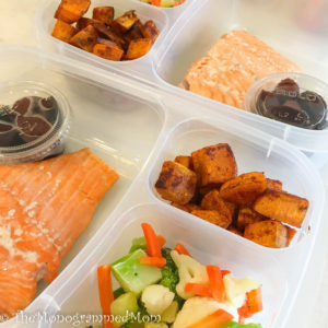 Whole30 Lunch Box - Salmon, Sweet Potatoes, Veggies, Olives