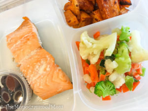 Whole30 Lunch Box - Salmon, Sweet Potatoes, Veggies, Olives